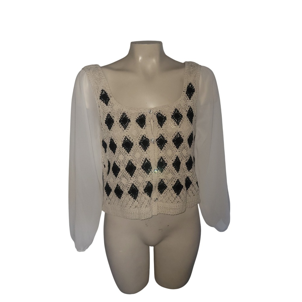 LOLA Cream Black Diamond Crochet Sheer Sleeve Button Front‎ Cardigan Top S sexy